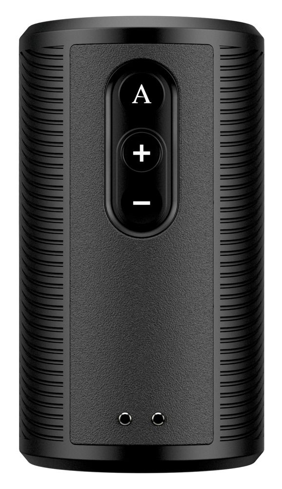 Schwarzes Gerät mit Bedienknöpfen. Zwei LEDs. Geriffelte Oberfläche. Vertikale Ausrichtung.