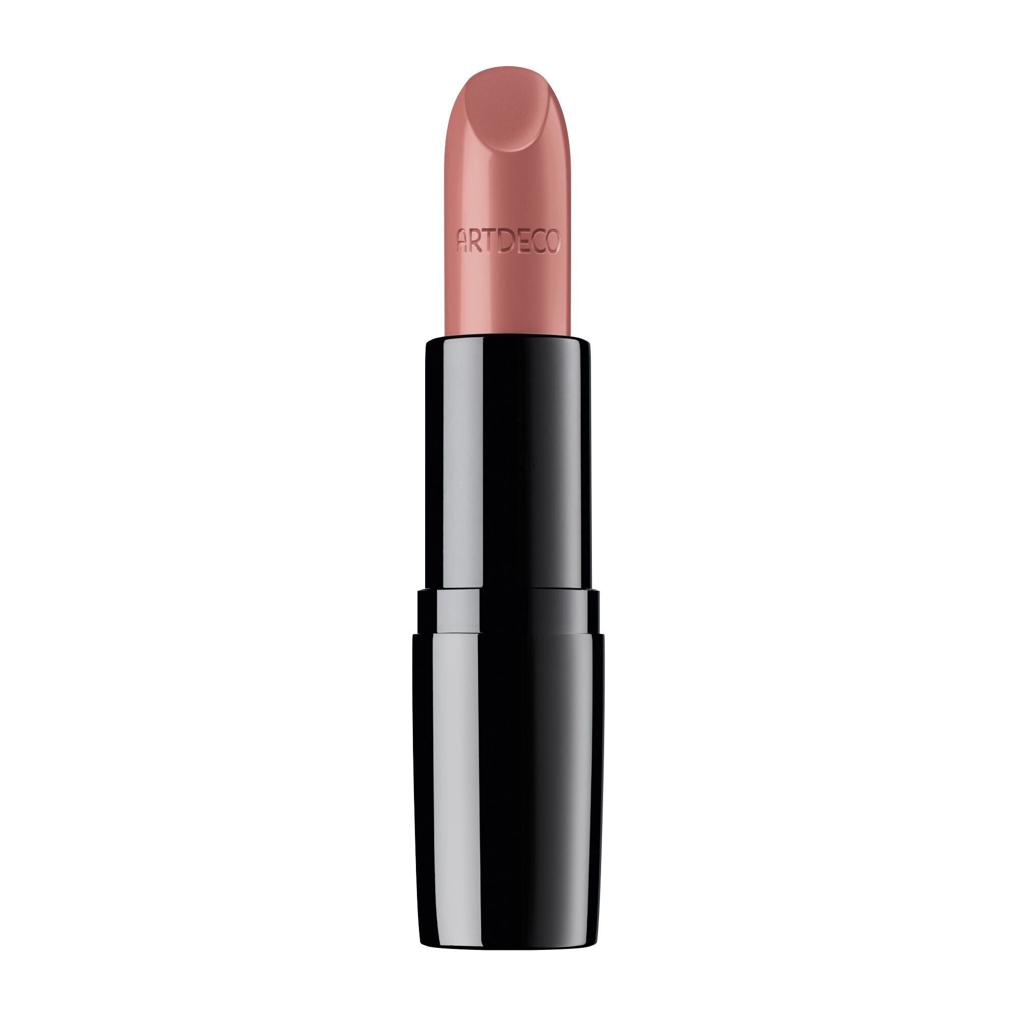 Artdeco Lippenstift, rosa Farbton. Schwarze Hülse. Markenname. Aufrecht stehend.
