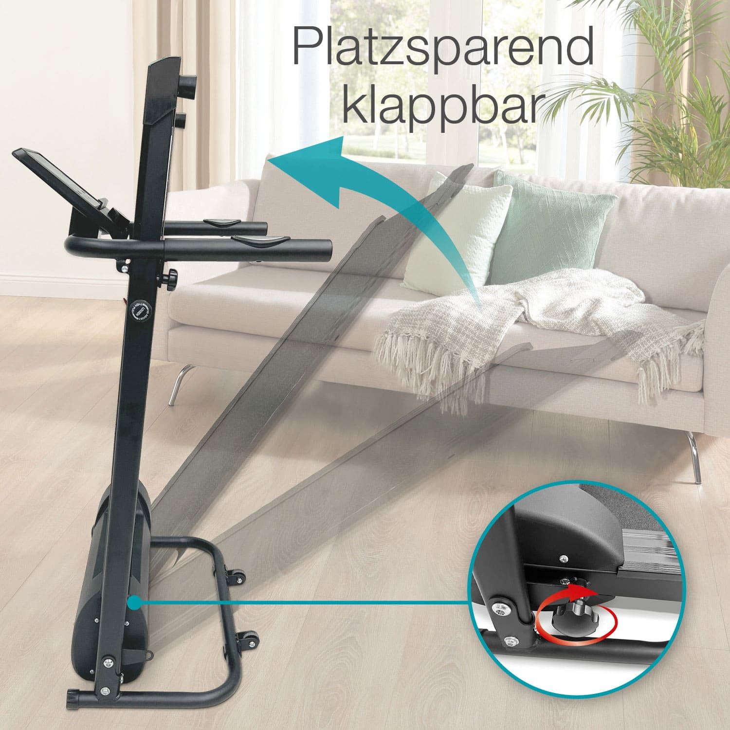 aktivshop klappbares Laufband schwarz, 750 Watt leiser Elektromotor, Extra breite 40 cm Lauffläche
