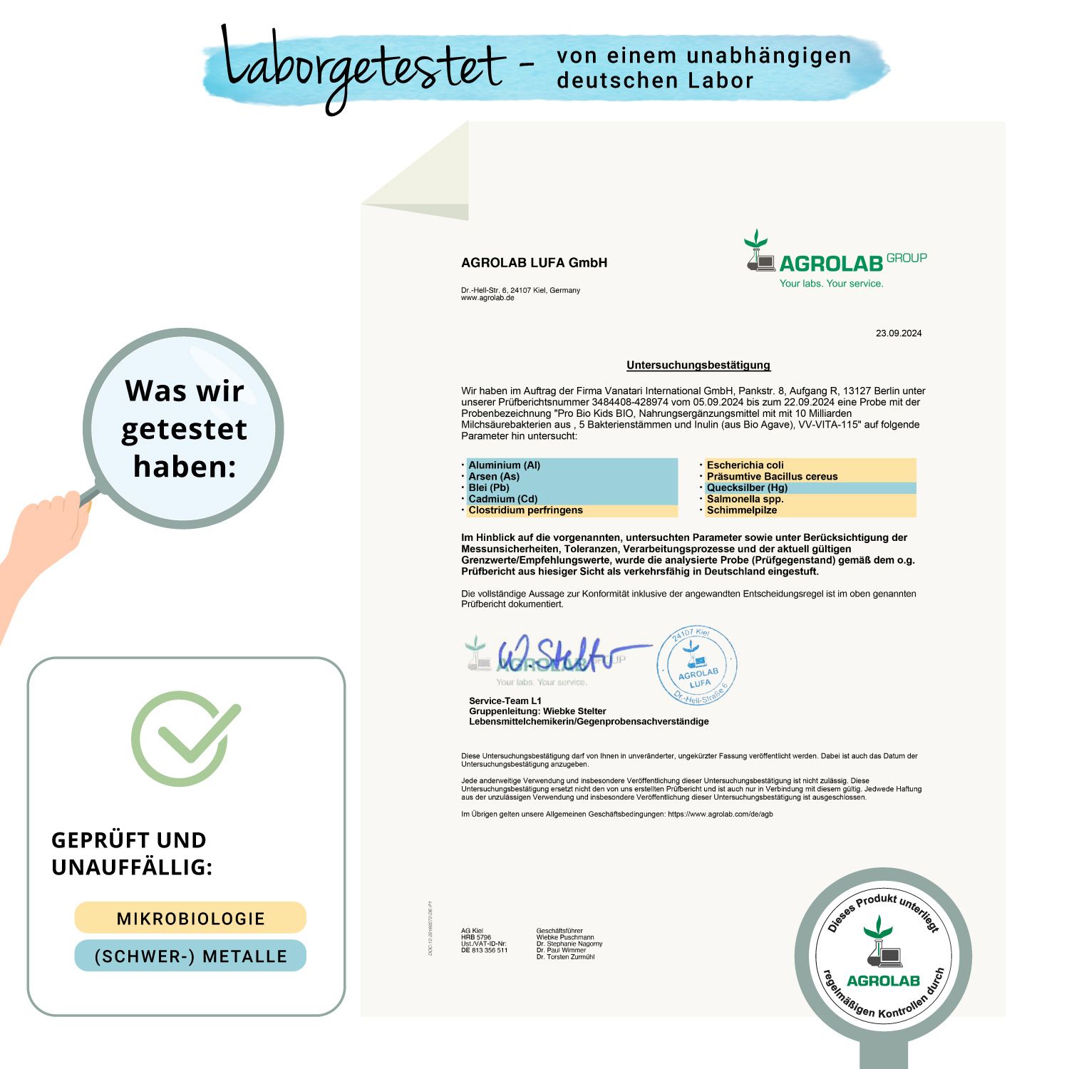 Laborbericht von Agrolab. Untersucht auf Schwermetalle und Bakterien. Siegel: Geprüft und unauffällig.