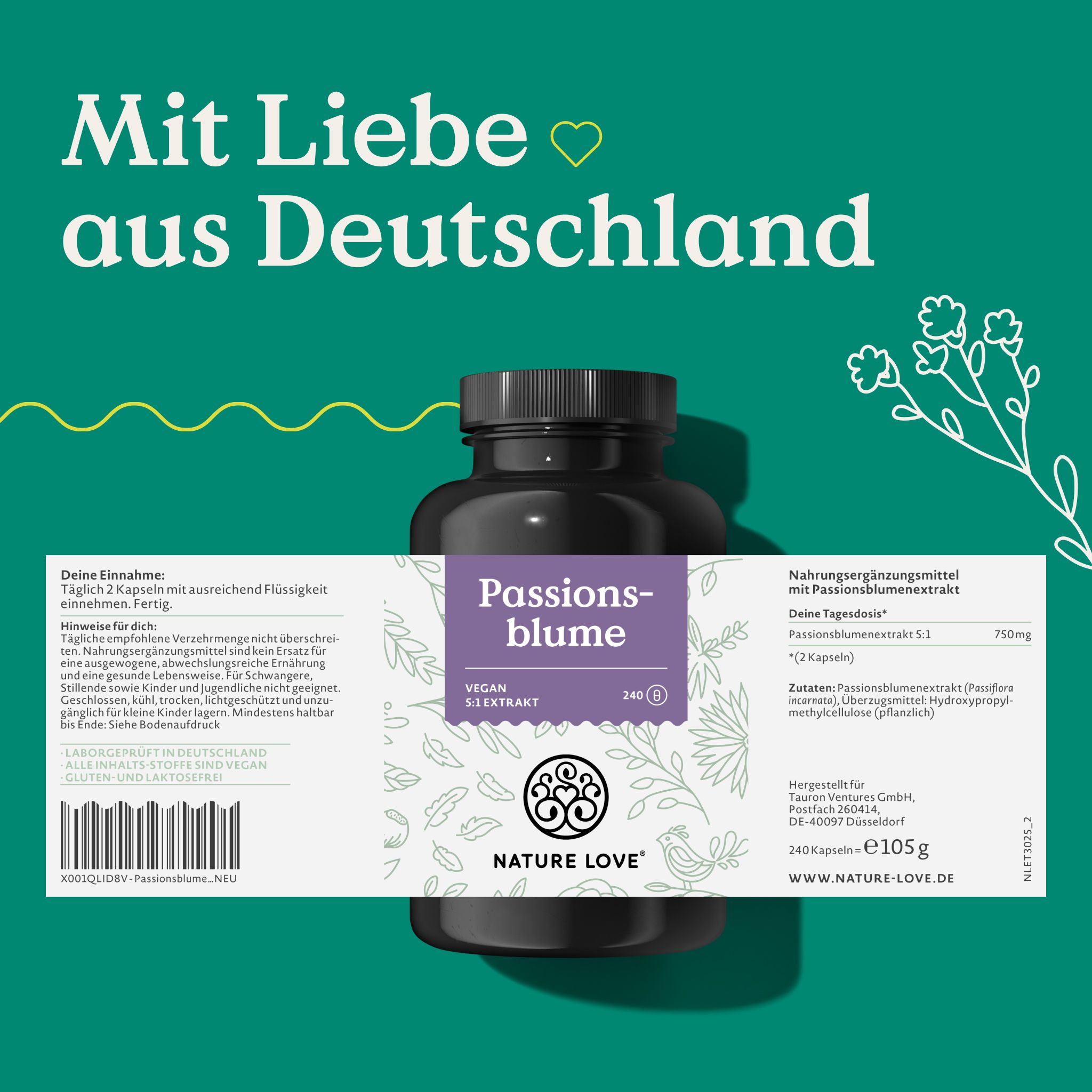 Dunkle Flasche mit lila Etikett. Passionsblume Extrakt. Vegan. 240 Kapseln. NATURE LOVE Logo. Text: Mit Liebe aus Deutschland.