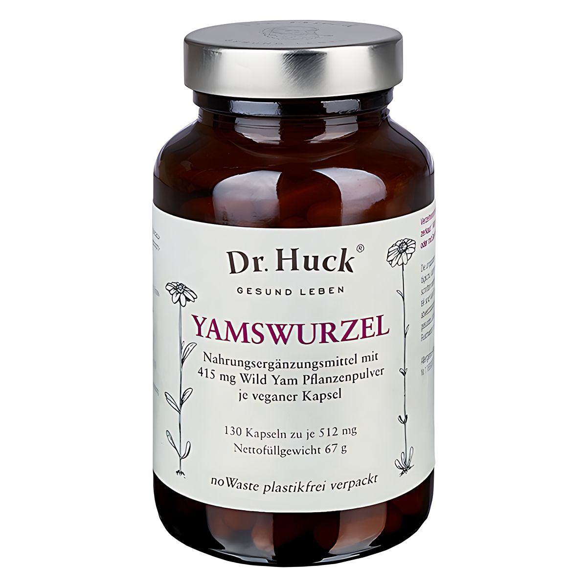 Bruine glazen fles met zilveren deksel en tekst. 130 capsules. Veganistisch.