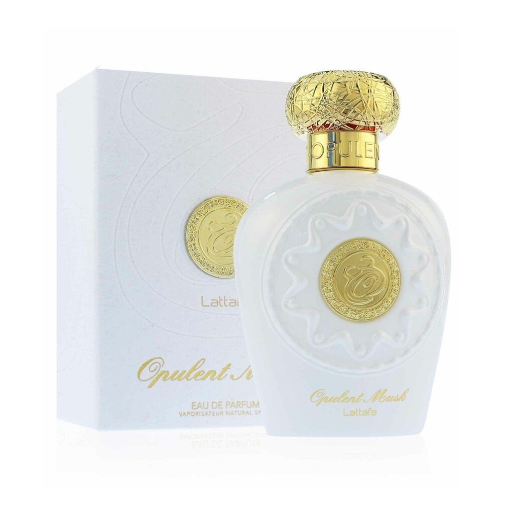Weiße Parfumflasche und -verpackung. Goldfarbener Deckel und Verzierung. Aufschrift: Opulent Musk, Lattafa.