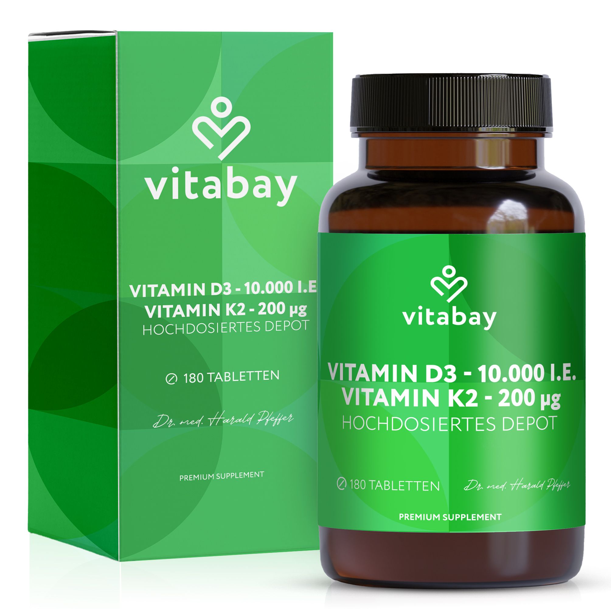 Vitabay Vitamin D3 + K2 Flasche und Karton. 180 Tabletten.