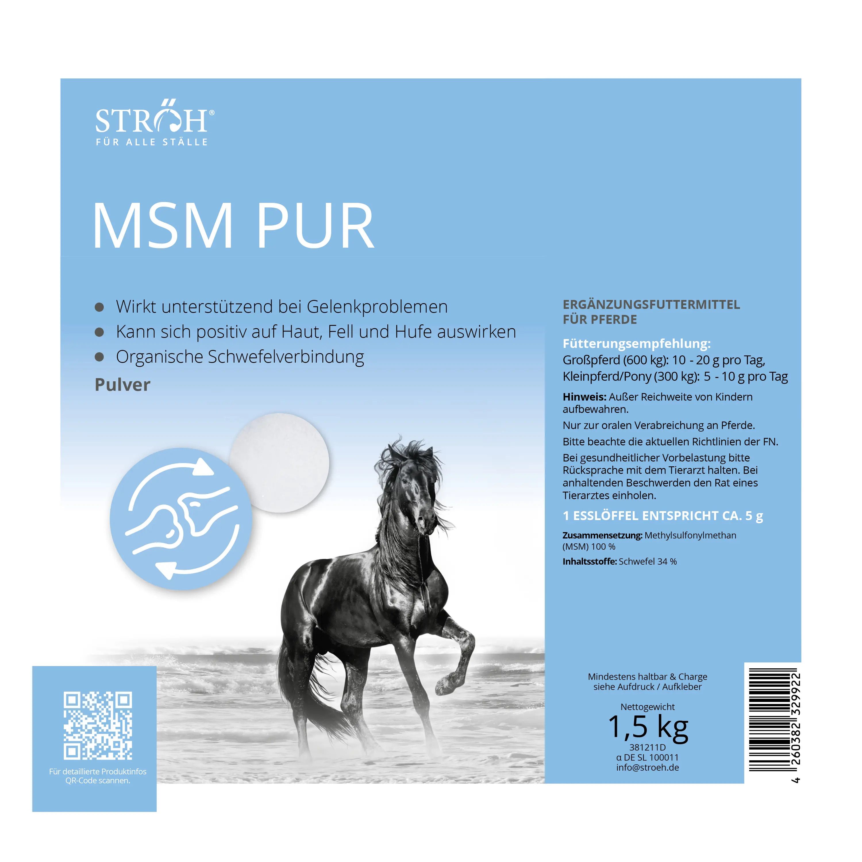 Blaue Dose mit weißem Pulver. Aufschrift: MSM PUR. Abbildung eines Pferdes. Text: Ergänzungsfuttermittel für Pferde. 1,5 kg.