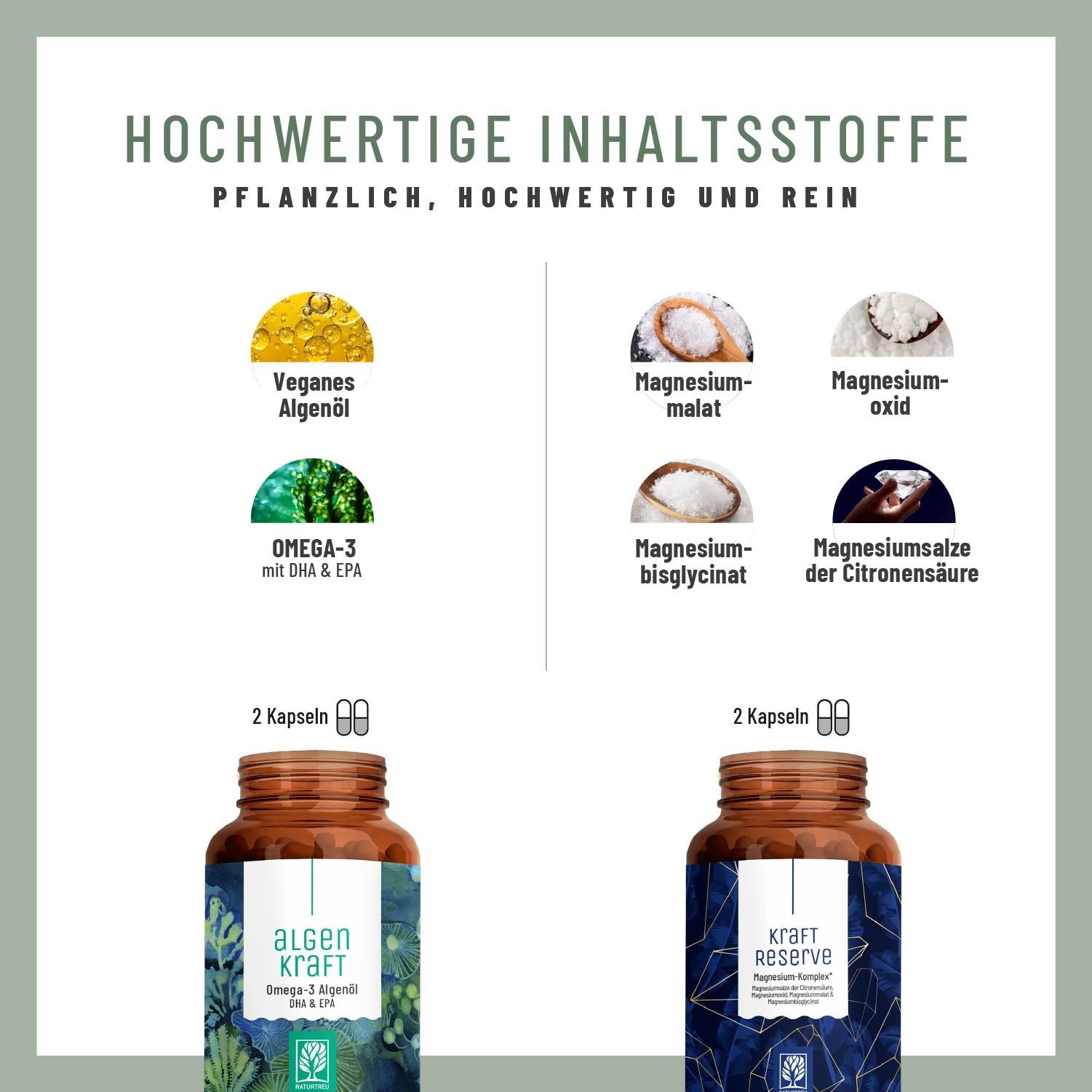 Grafik mit Inhaltsstoffen: Veganes Algenöl, Magnesiummalat, Magnesiumoxid, Magnesiumbisglycinat, Magnesiumsalze der Citronensäure. Zwei Flaschen.