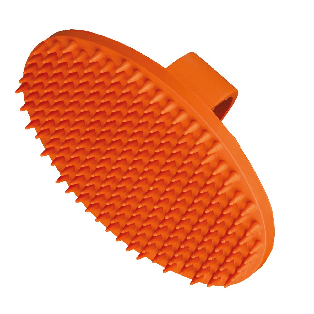 Orangefarbene Bürste mit Noppen und Handschlaufe. Oval, mit vielen kleinen Noppen auf der Oberfläche. Handschlaufe aus Kunststoff.