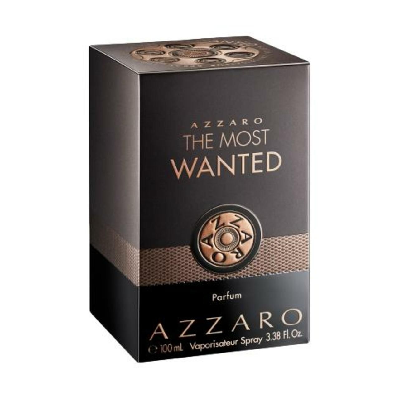 Schwarze Verpackung mit Aufschrift: Azzaro The Most Wanted Parfum. Goldene Akzente.