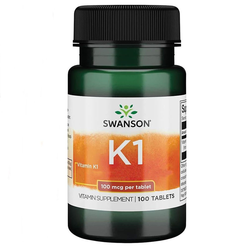 Grüne Flasche mit schwarzem Deckel. Auf dem Etikett steht "Swanson K1 Vitamin". Enthält 100 Tabletten.