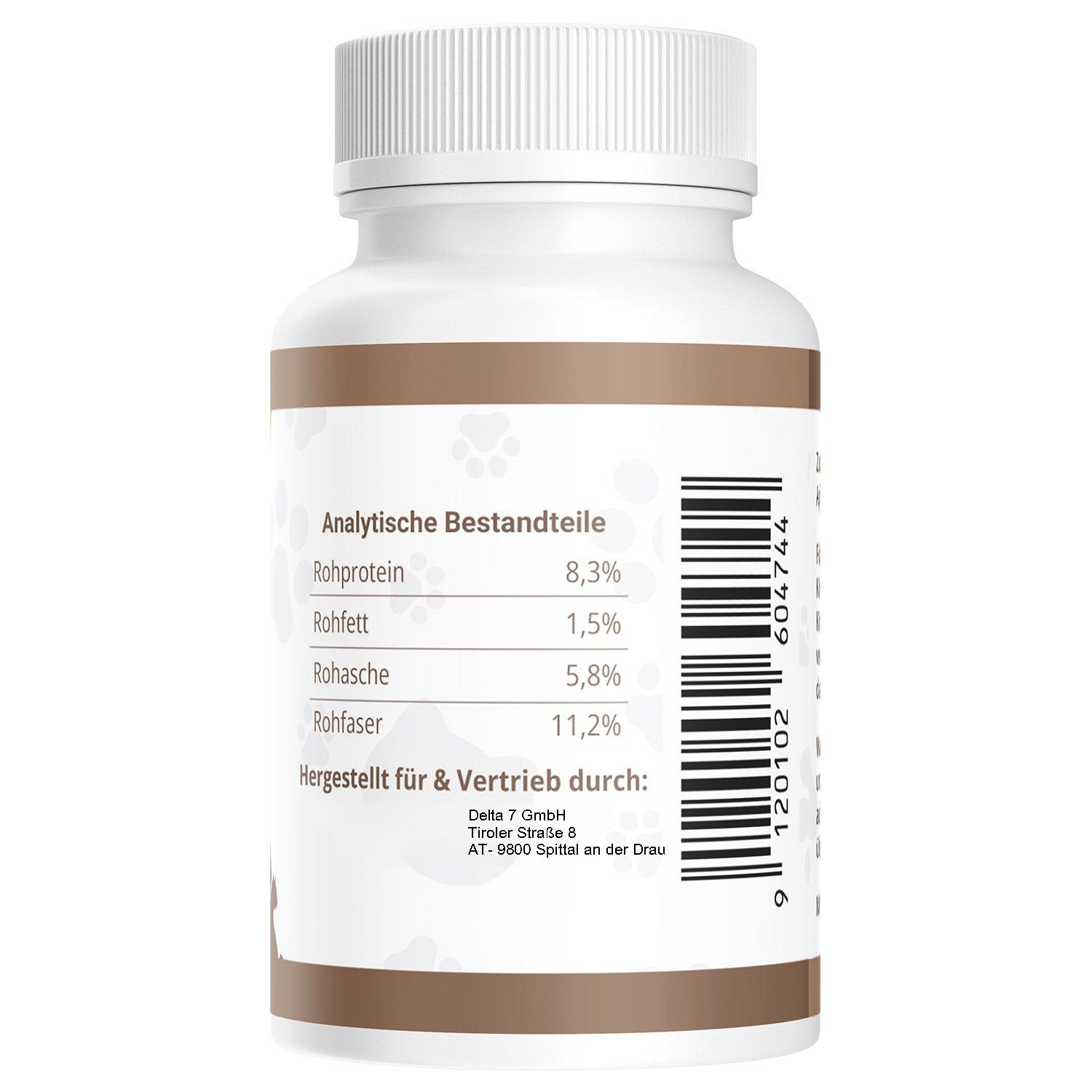 Rückseite einer weißen Flasche. Text: Analytische Bestandteile, Herstellerinformationen. Barcode.