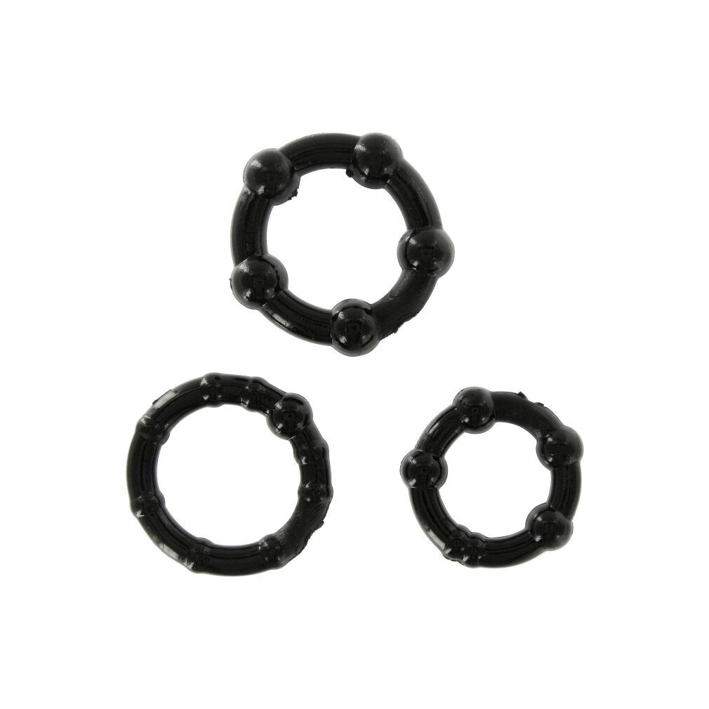 Drei schwarze Penisringe mit Noppen, einzeln und im Set.