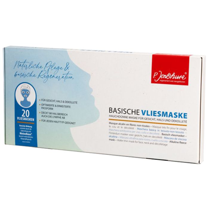 Verpackung mit 20 Vliesmasken. Text: Basische Vliesmaske für Gesicht, Hals und Dekolleté. Marke Jentschura.