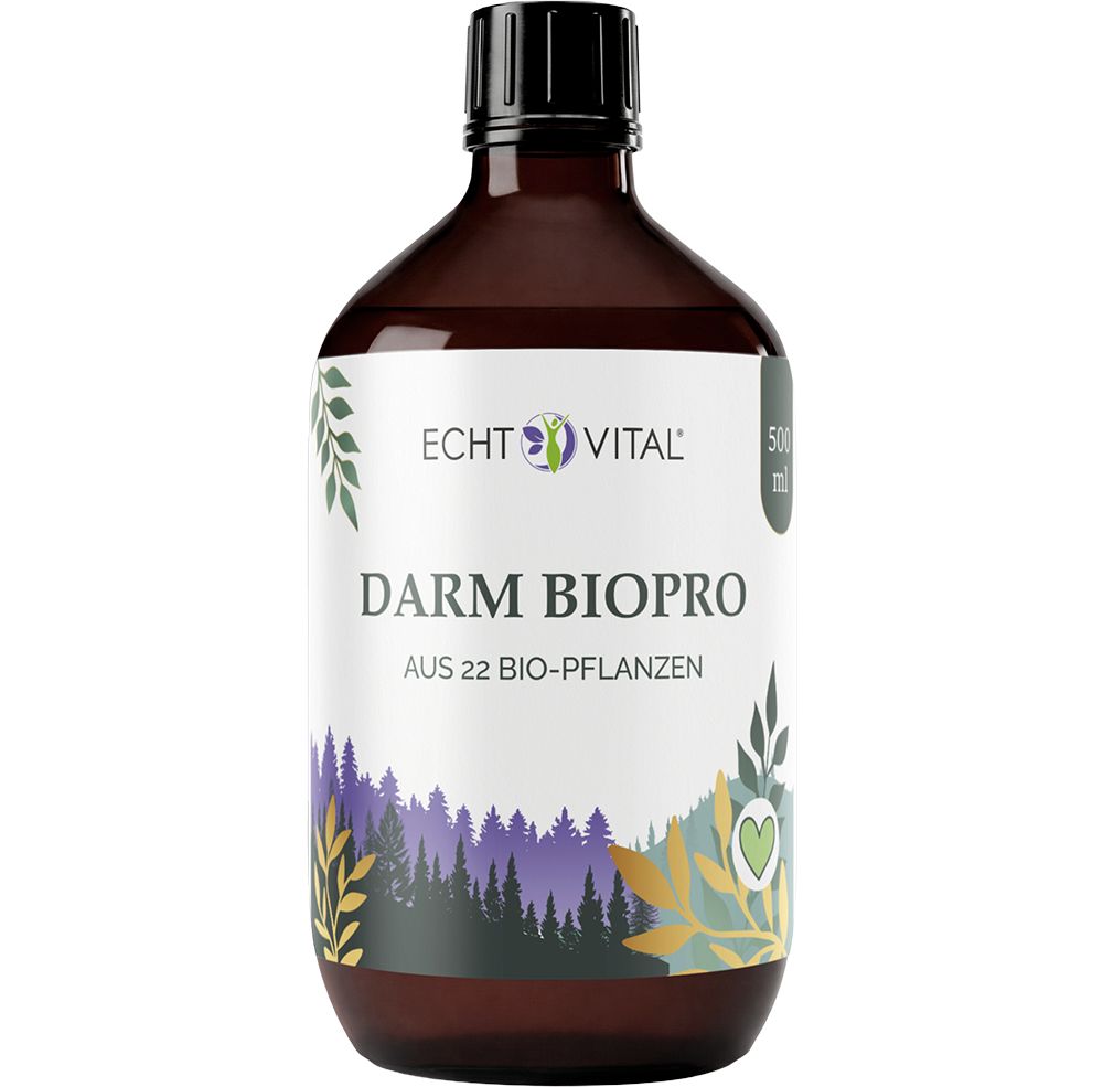 Braune Glasflasche mit weißem Etikett für Echt Vital Darm BioPro, enthält 500ml.