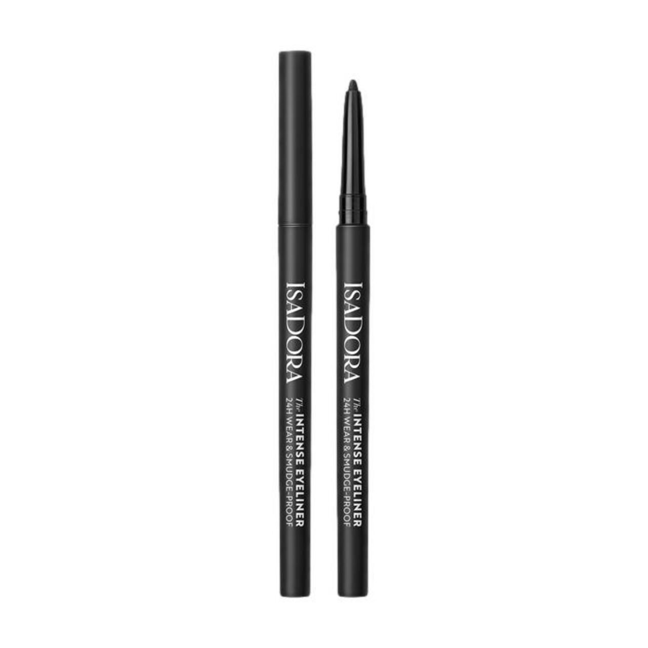 Zwei schwarze Eyeliner-Stifte. Auf einem steht "IsaDora", "The Intense Eyeliner 24H Wear & Smudge-proof".