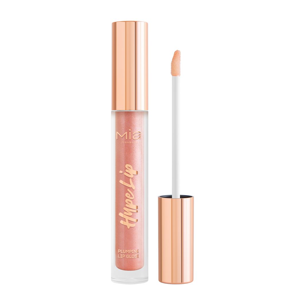 Flacone di lucidalabbra rosa con tappo dorato. Applicatore visibile. Scritta: Hype Lip.