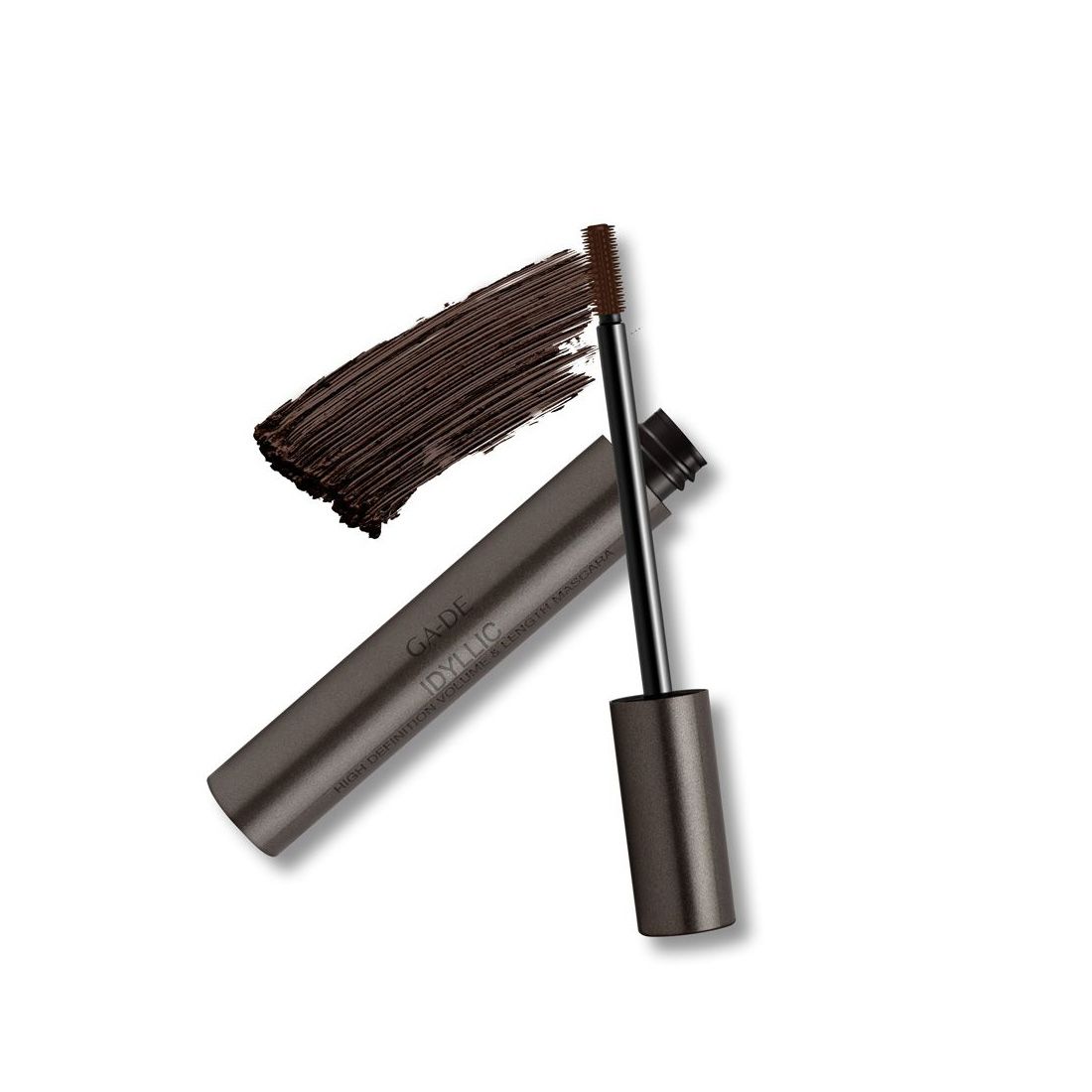 Ga-De Idyllic Mascara. Geöffnete Tube mit Bürste und Mascara-Strich. Aufschrift: Idyllic, Volume & Lenght.