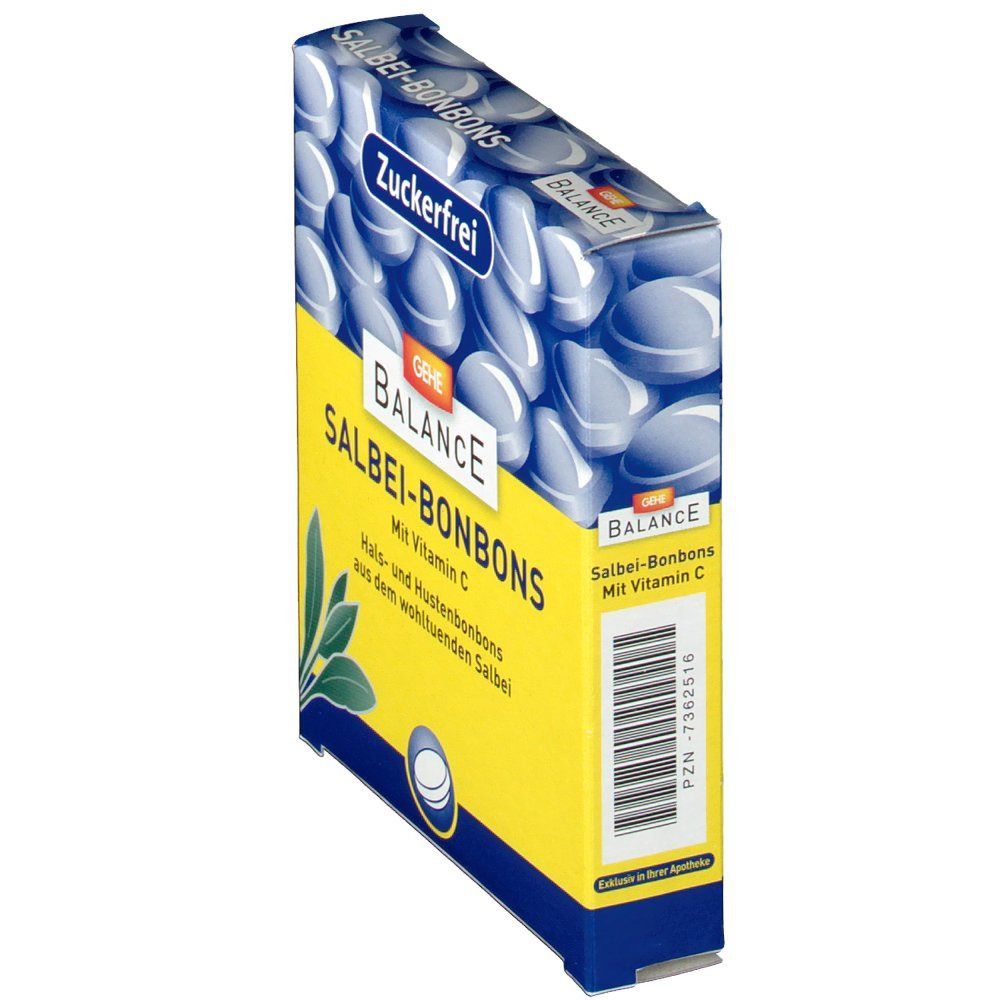 Verpackung von GEHE BALANCE Salbei-Bonbons zuckerfrei. Blaue Bonbons auf der Verpackung. Gelber Hintergrund mit Produktinformationen.