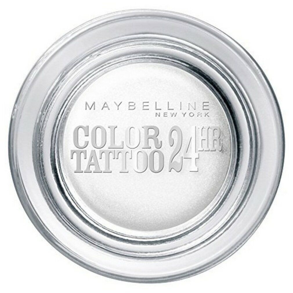 Maybelline New York Color Tattoo 24h Lidschatten in Dose. Weißer Lidschatten mit silberner Schrift. Deckel mit Produktinformationen.