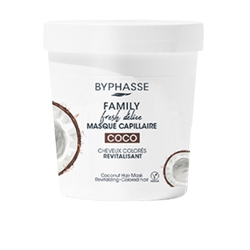 Weißer Tiegel mit Deckel. Aufschrift: Byphasse, Family Fresh Délice, Masque Capillaire Coco. Kokosnuss-Illustrationen.