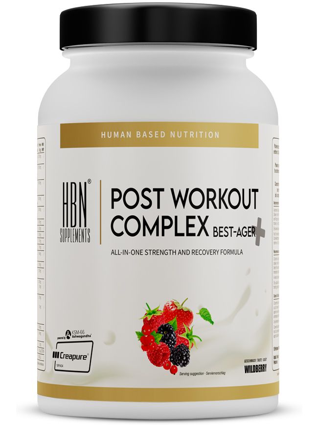 Weißes Supplement-Behälter mit schwarzem Deckel. Aufschrift: HBN, Post Workout Complex, Best Ager. Wildberry-Geschmack.
