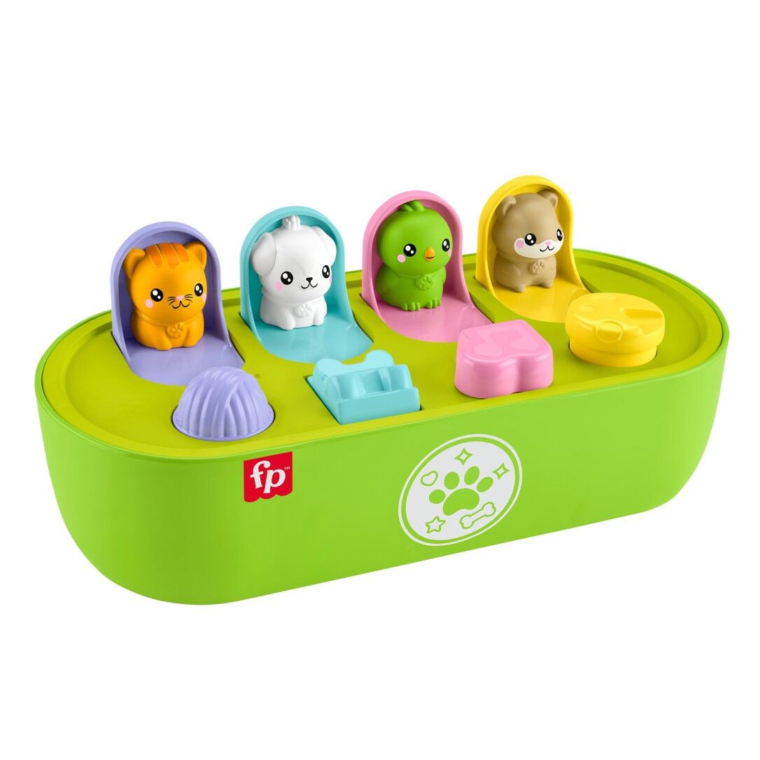 Grünes Pop-up-Spielzeug mit vier Tierfiguren. Mit bunten Knöpfen und dem Logo "fp".