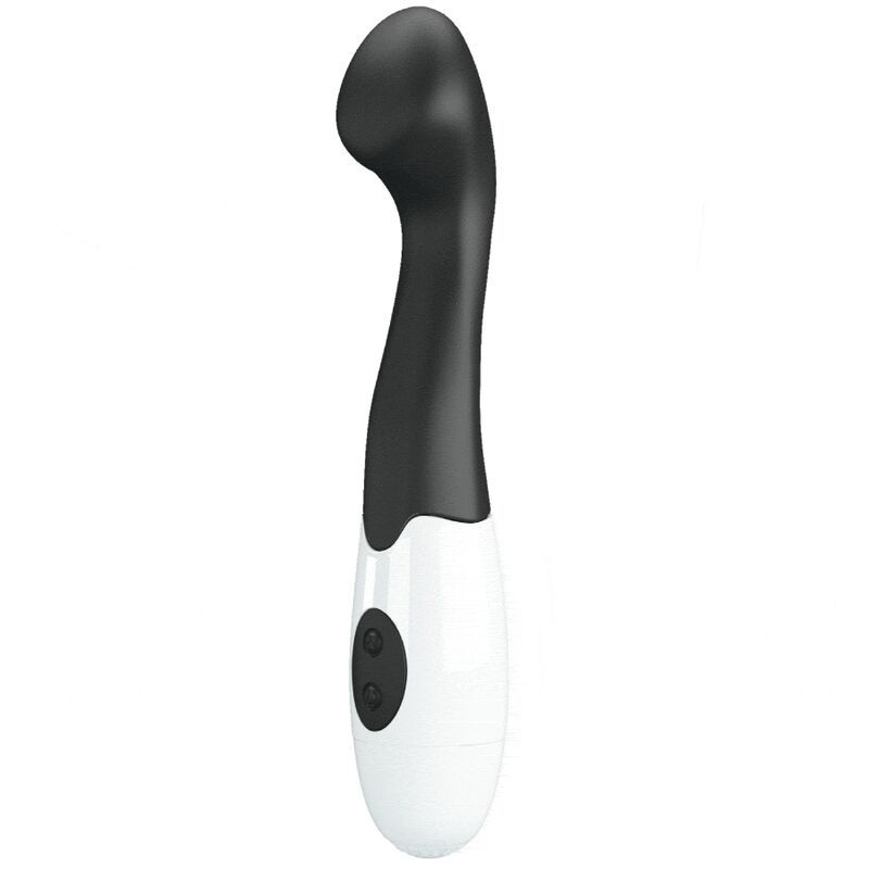 Schwarz-weißer Vibrator mit geschwungener Form. Der Kopf ist abgerundet, zwei Knöpfe am weißen Ende.