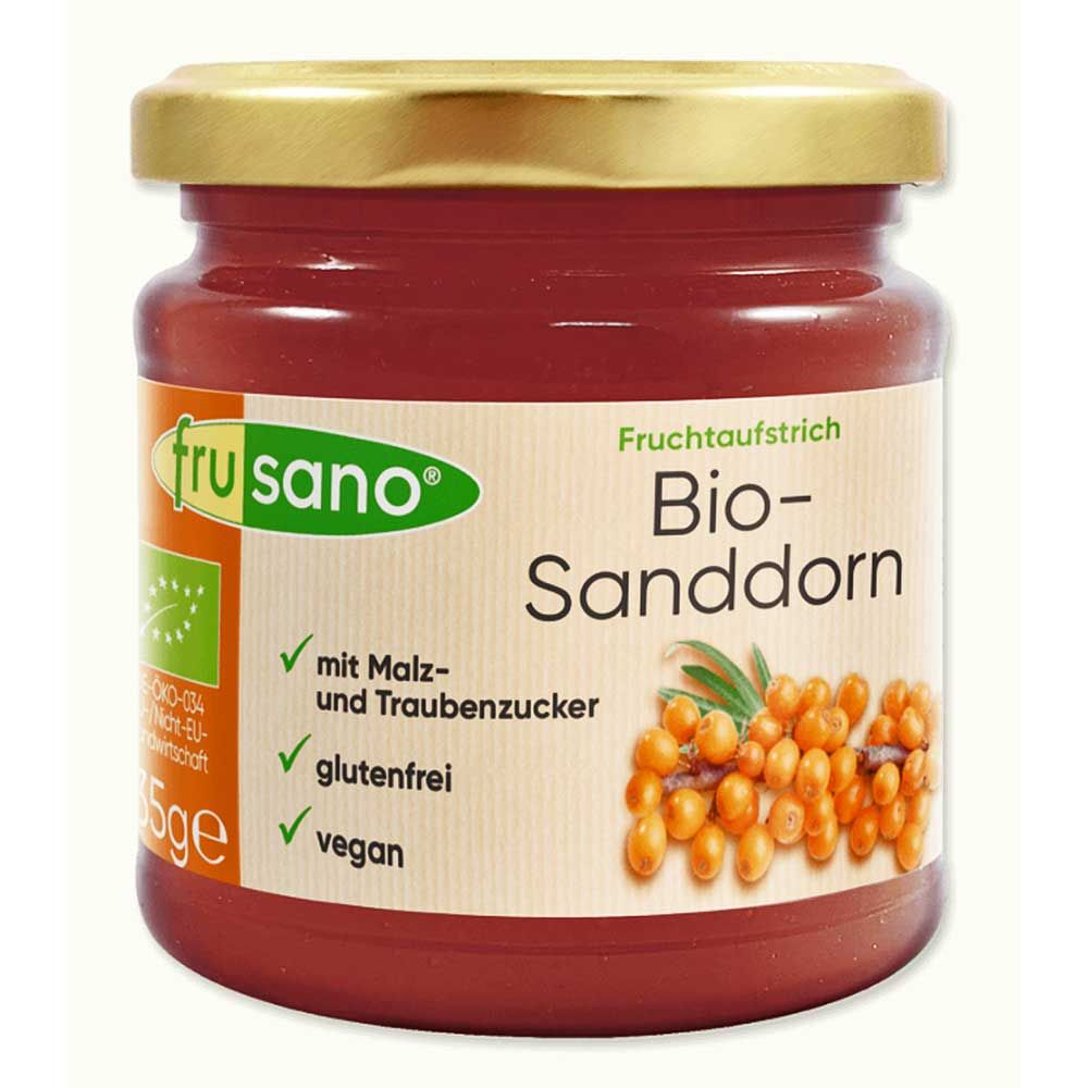 Glas mit Fruchtaufstrich. Aufschrift: Bio-Sanddorn, glutenfrei, vegan. Grünes Logo mit Schriftzug Frusano.