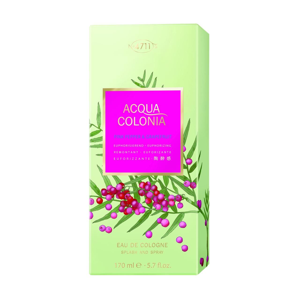 Verpackung von Acqua Colonia. Hellgrüne Schachtel mit rosa Etikett und floralem Muster. Produktname und Text.