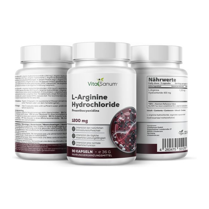 VitaSanum L-Arginin Hydrochlorid Kapseln, 1200 mg, 90 Stück. Enthält Proanthocyanidine.