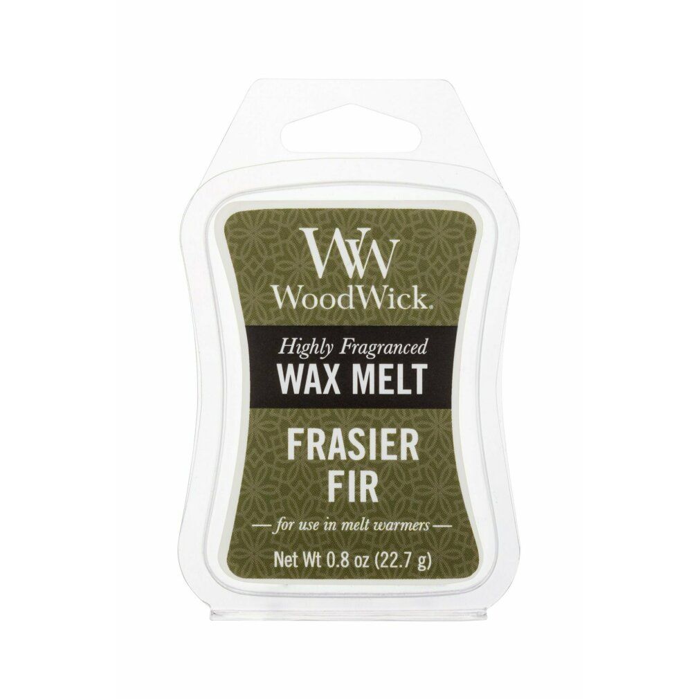 Wachsmelt "Frasier Fir" von WoodWick. Grün-weiß Verpackung. Text: "Highly Fragranced WAX MELT". Netto 0.8 oz (22.7 g).