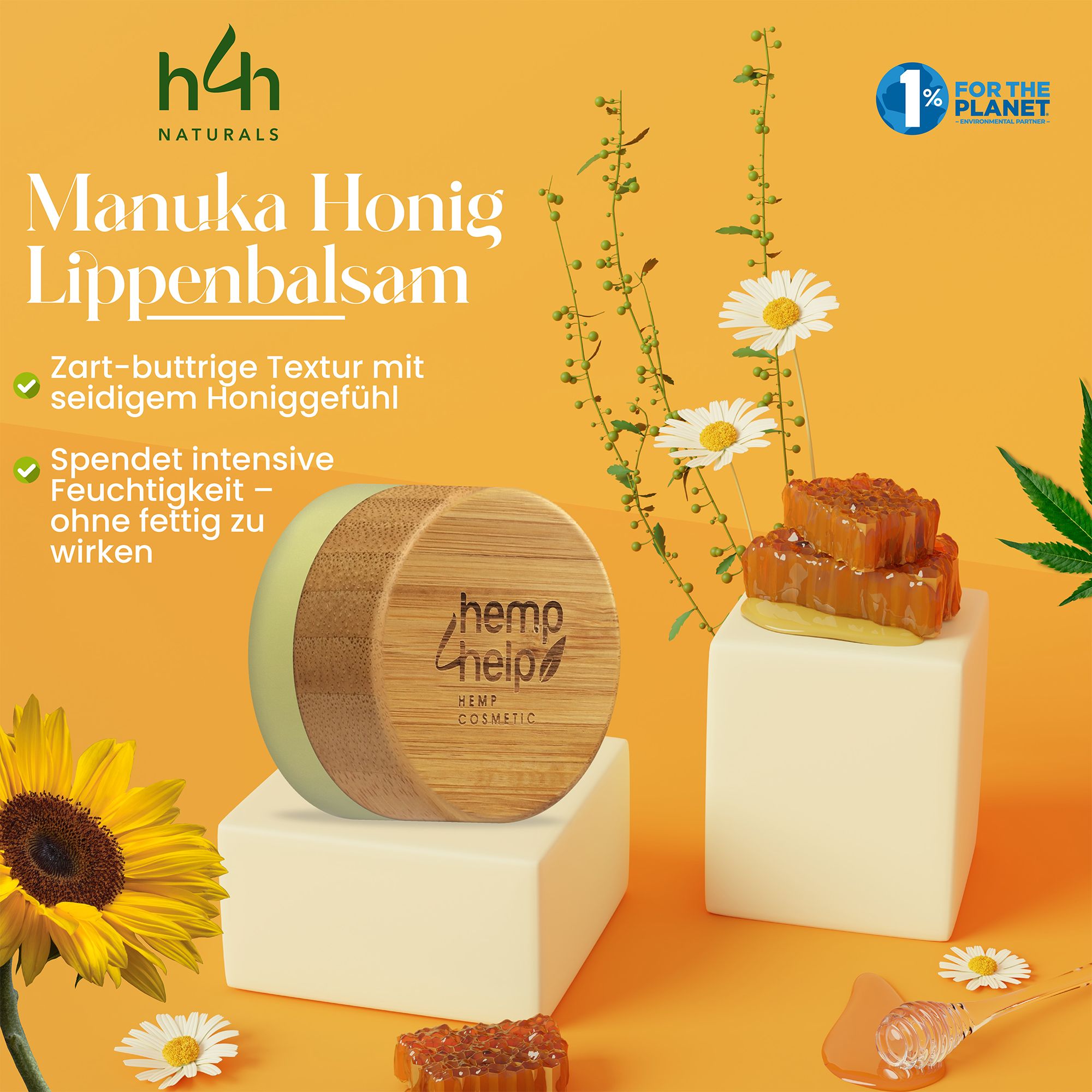 H4H Manuka Honig Lippenbalsam mit Hanf & LSF 10 – für trockene, spröde Lippen
