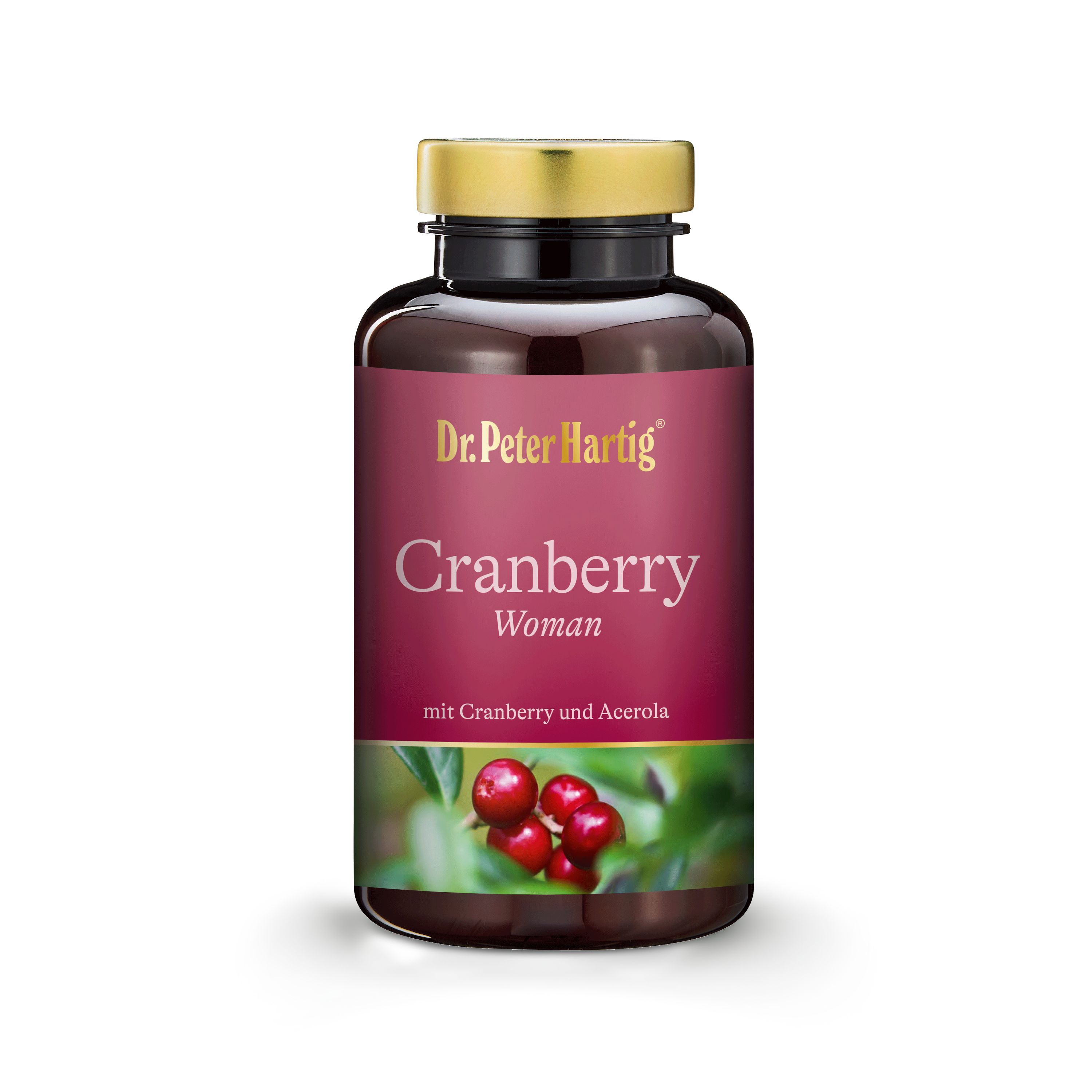 Braune Flasche mit goldfarbenem Deckel. Auf dem Etikett steht "Dr. Peter Hartig Cranberry Woman". Darunter Cranberry-Abbildung.