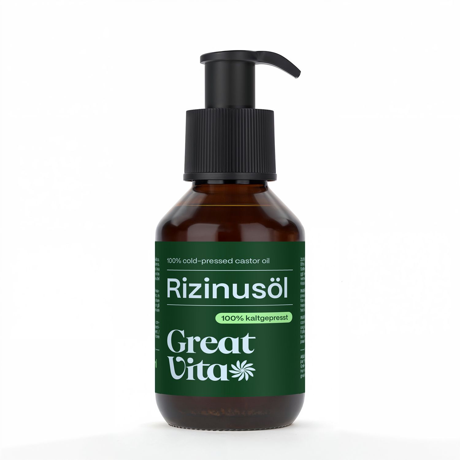 Braune Glasflasche mit schwarzem Pumpverschluss. Aufschrift: Rizinusöl, Great Vita.