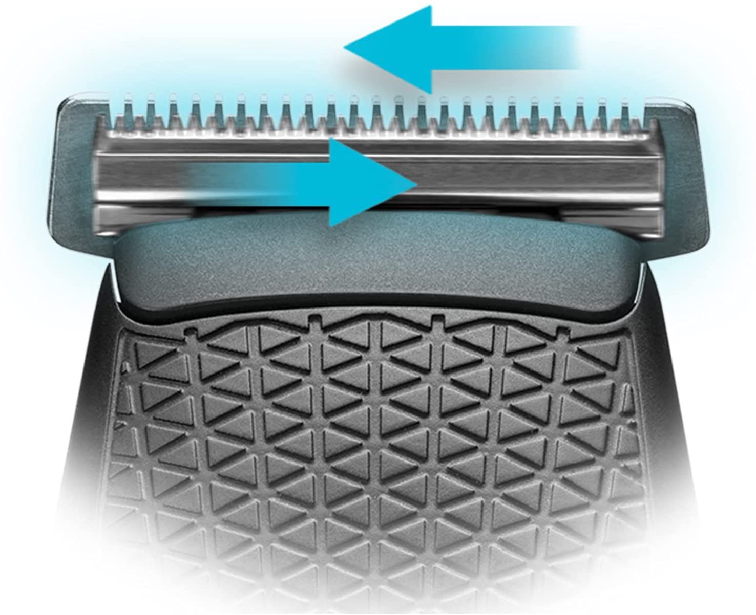 Detailaufnahme des Scherkopfes. Pfeile zeigen die Schneidebewegung an.