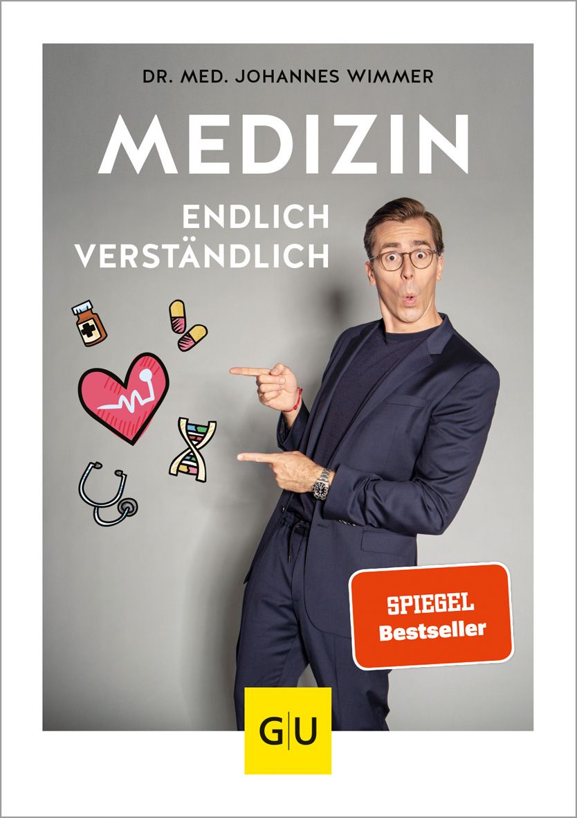 Buchcover: Medizin, endlich verständlich. Autor Dr. med. Johannes Wimmer. Mit Mann, der auf das Buch zeigt. Spiegel Bestseller.