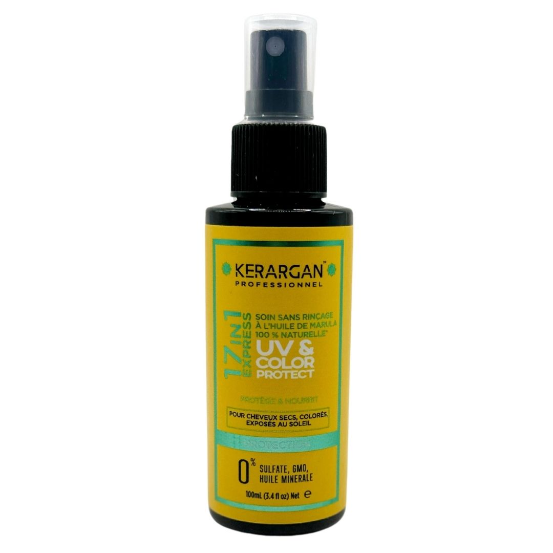 Kerargan Tonique UV & Color Protect. Flacon jaune avec vaporisateur. Texte: UV & Color Protect. 0% sulfates, OGM, huile minérale.