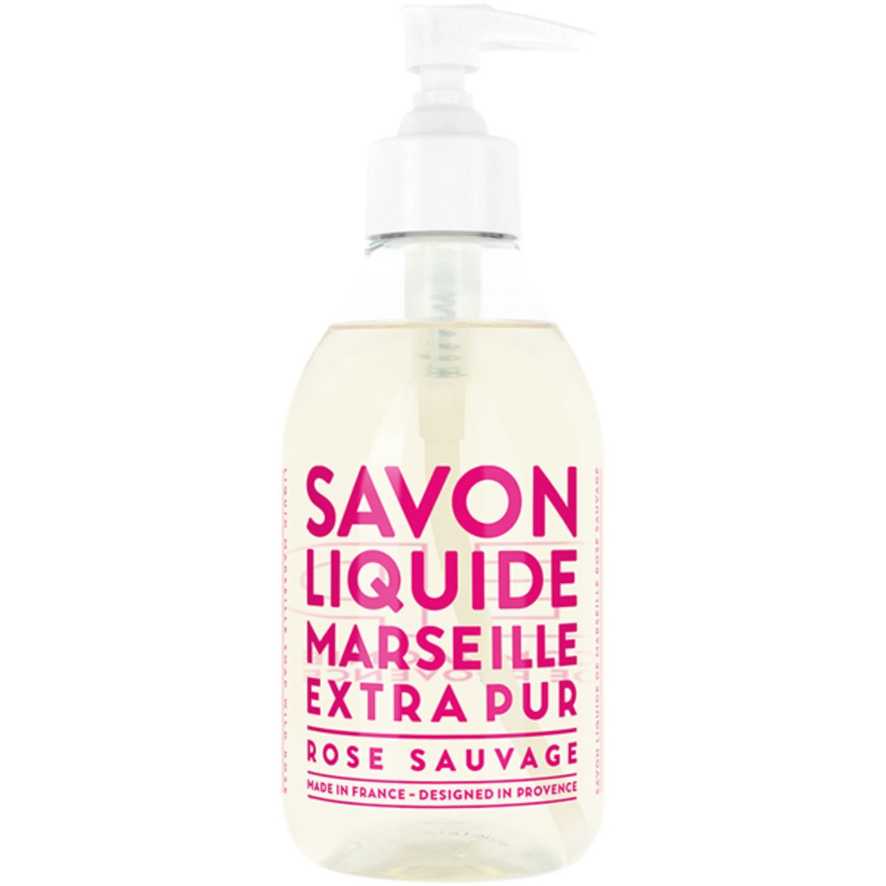 Transparente Flüssigseife mit rosa Schriftzug. "SAVON LIQUIDE MARSEILLE EXTRA PUR ROSE SAUVAGE". Mit Spender.