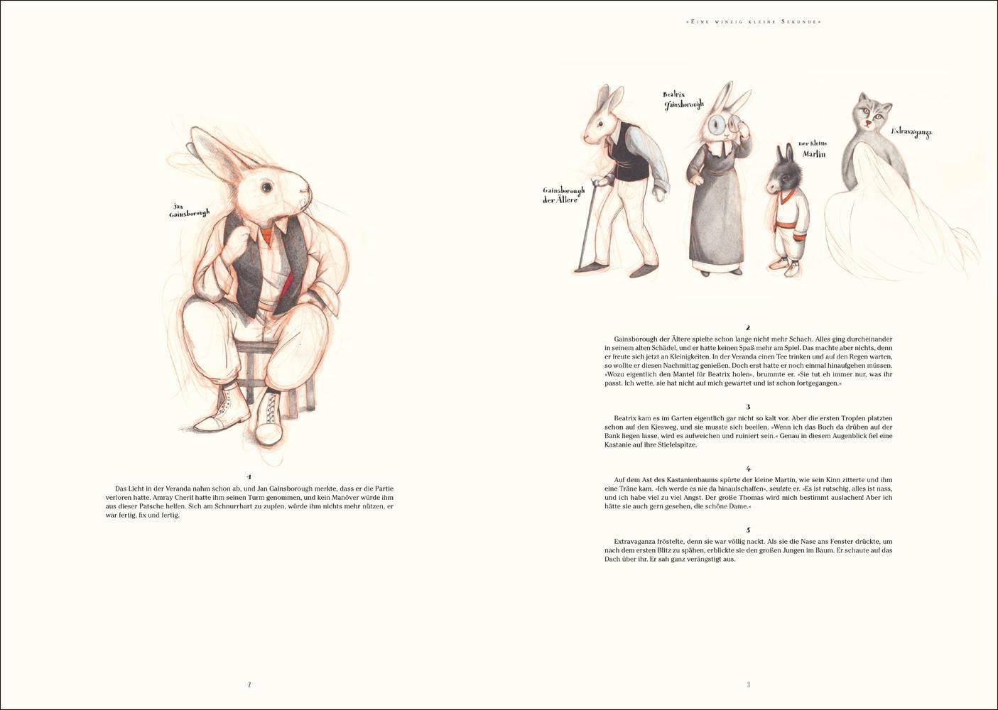 Buch mit Illustrationen. Auf einer Seite ein Hase in Kleidung, auf der anderen weitere Figuren. Text in deutscher Sprache.
