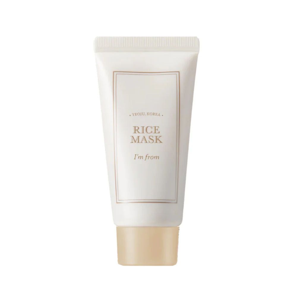 Creme-Tube mit Aufschrift "RICE MASK" und "I'm from". Beige und weiß. Korea-Logo.