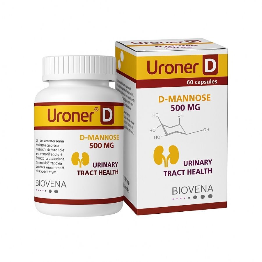 Weiße Flasche und Schachtel mit Produktnamen Uroner D. Enthält D-Mannose 500 mg. Für die Gesundheit der Harnwege. Marke: Biovena.