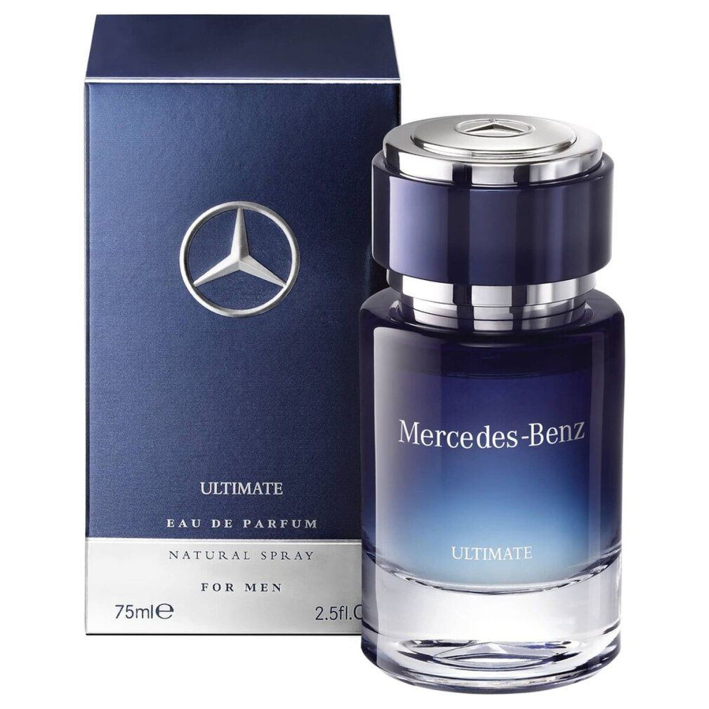 Blau-schwarzer Flakon und Schachtel. Silbernes Mercedes-Benz Logo. Schriftzug: Ultimate Eau de Parfum. 75ml.