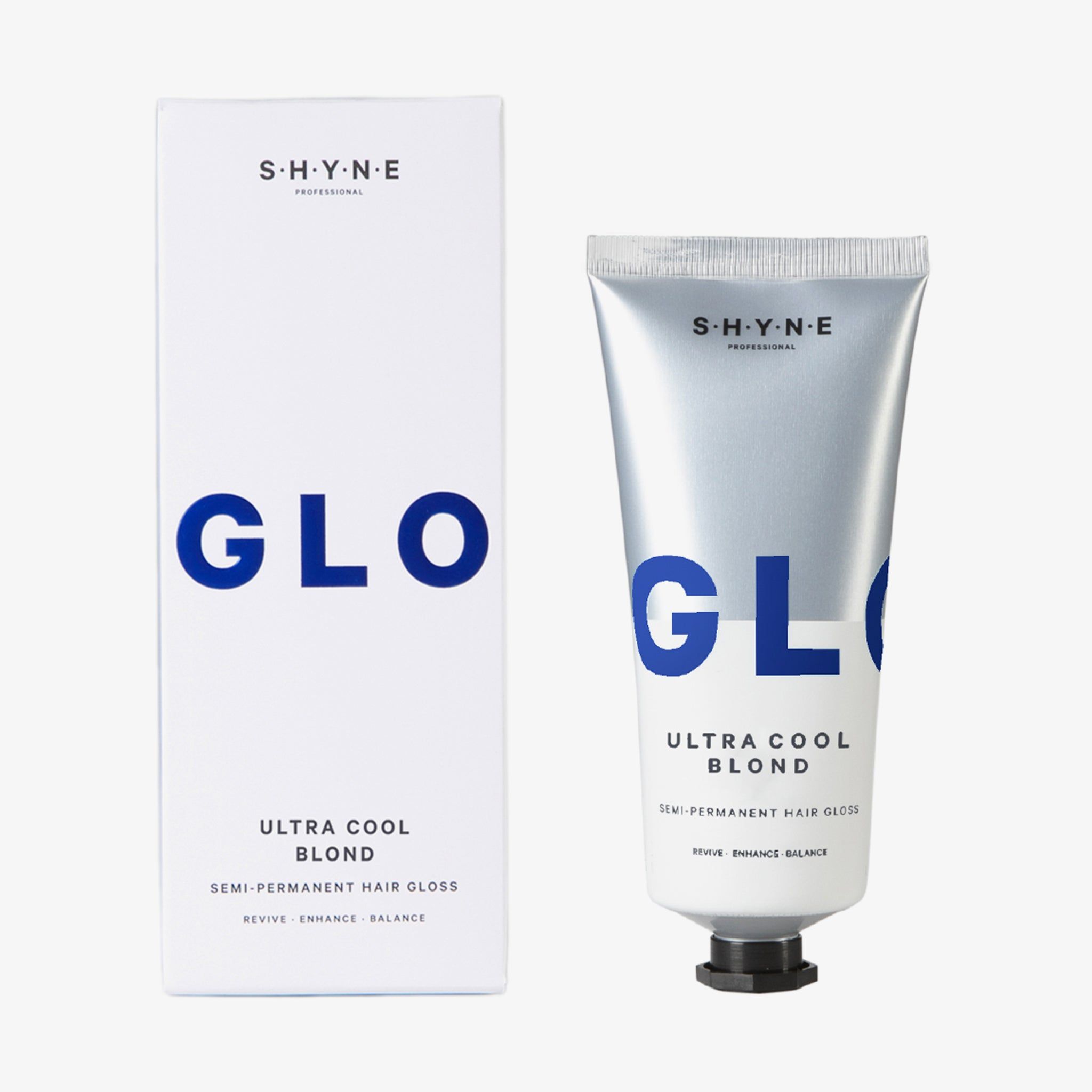 Produktverpackung und Tube. Weiße Schachtel und silberne Tube mit blauem "GLO"-Schriftzug. Marke: SHYNE PROFESSIONAL.