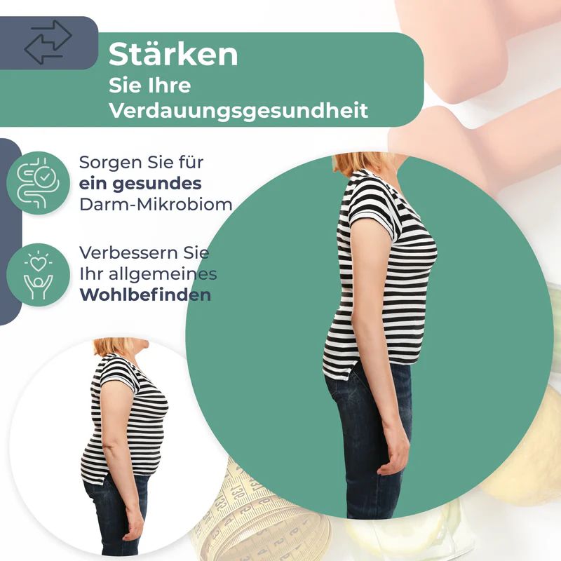 Frau im Profil, gestreiftes Shirt, Jeans. Diagramm mit Text über Verdauungsgesundheit und Wohlbefinden.