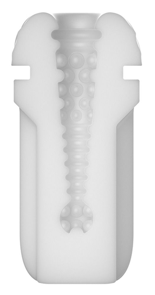 Weißes Ersatzteil mit strukturiertem Innenleben. Vertikale Ansicht.