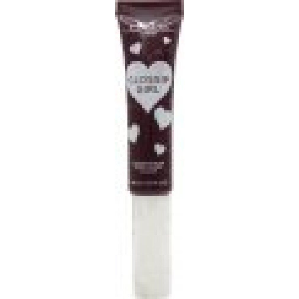 Nahaufnahme einer Lipgloss-Tube mit weißem Applikator. Aufschrift "GOSSIP GIRL" mit Herz-Design. Dunkelbraune Tube.