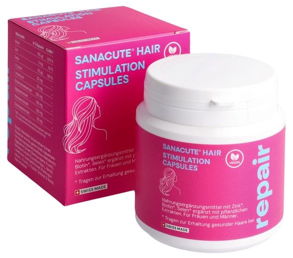 Rosa Dose und Schachtel mit SANACUTE HAIR STIMULATION CAPSULES. Enthält pflanzliche Extrakte, Biotin, Selen und Zink. Vegan.
