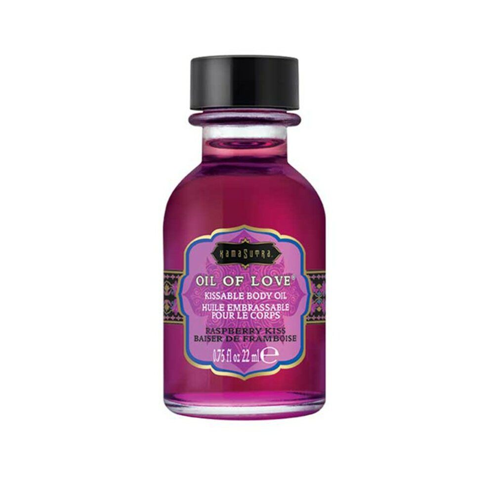 Flasche "Oil of Love" Massageöl, Himbeergeschmack, mit Pipette.