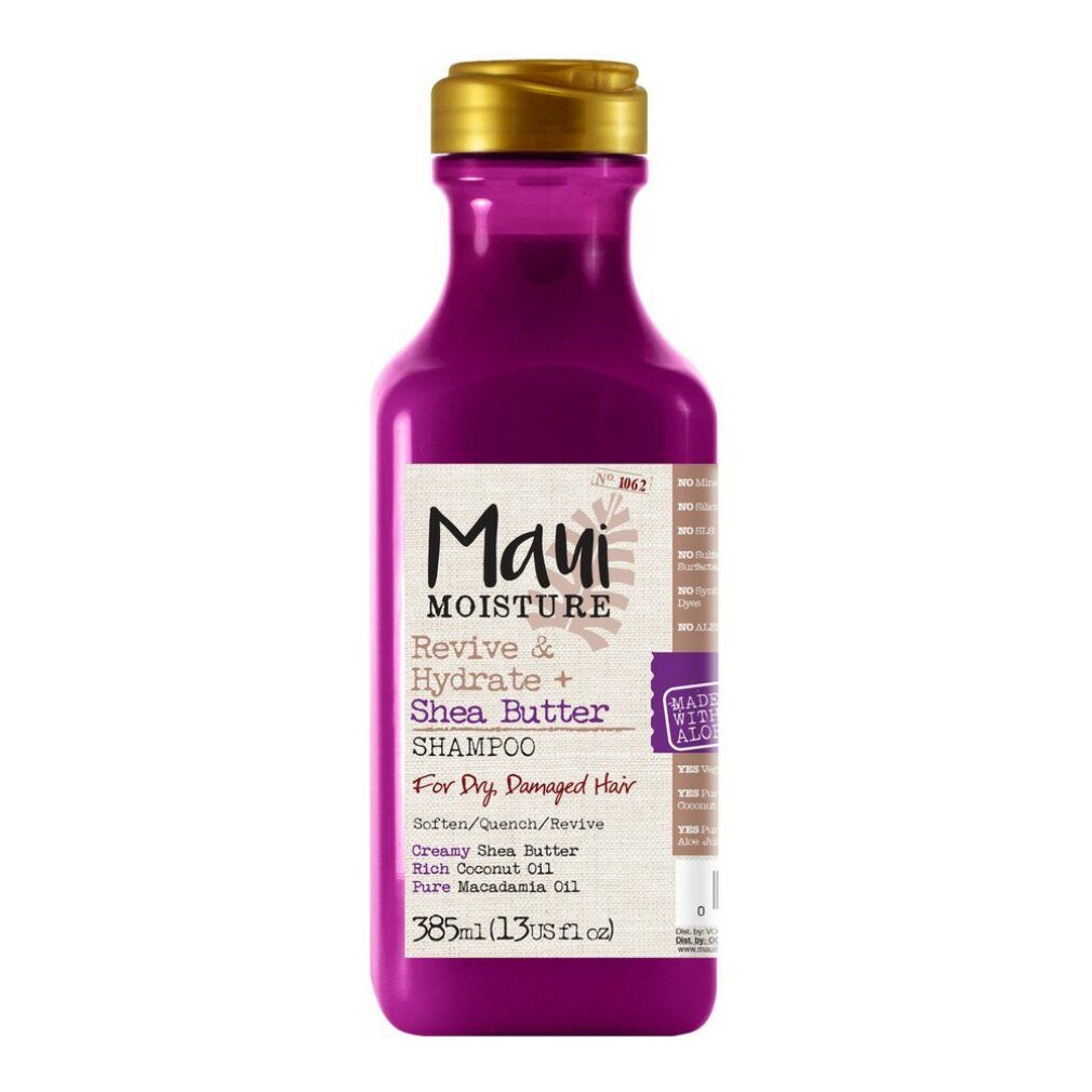 Flasche Shampoo, lila Flüssigkeit, goldener Deckel. Aufschrift: Maui Moisture Revive & Hydrate + Shea Butter Shampoo.