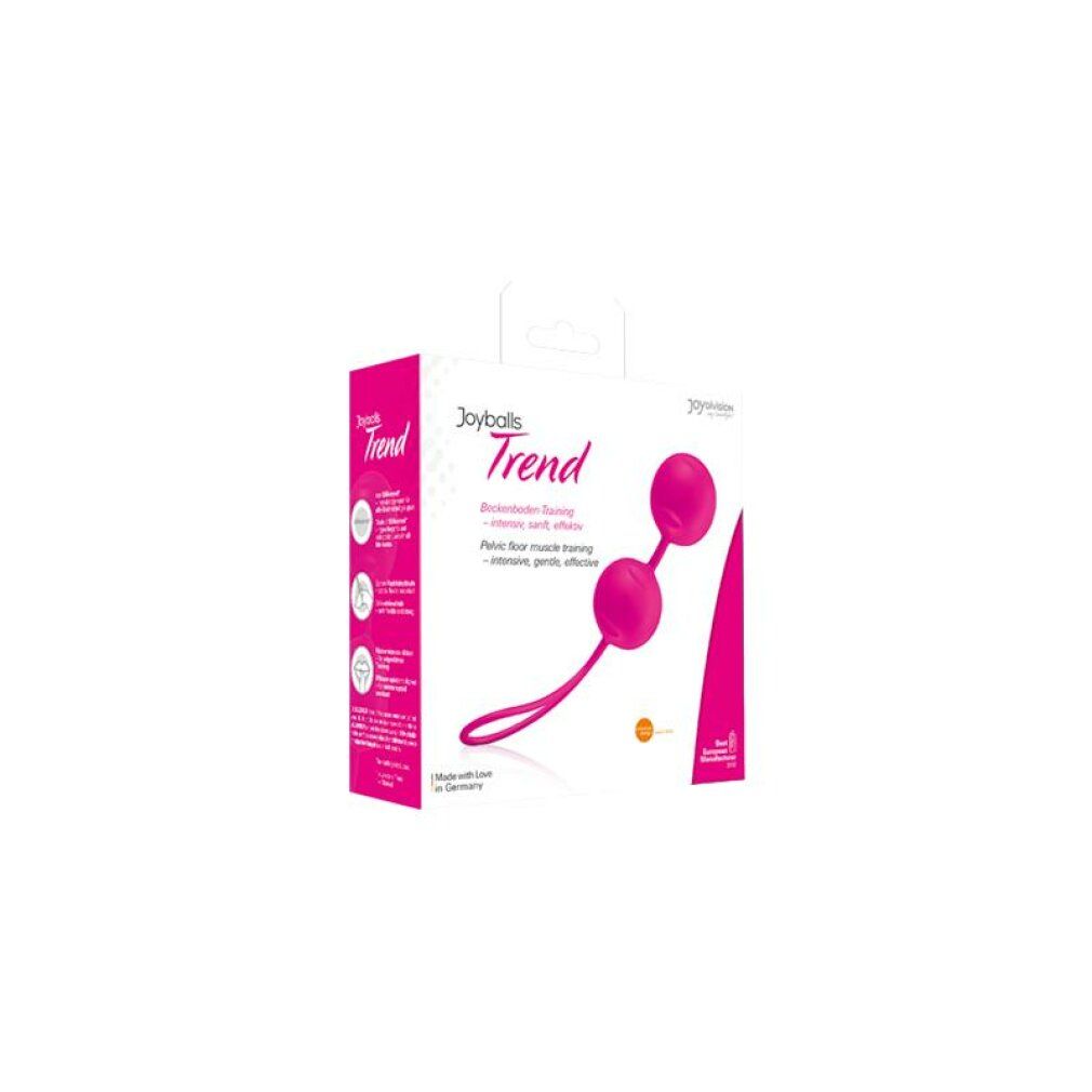Verpackung von Joyballs Trend. Rosa Box mit Produktabbildung, Produktname, Beschreibung und Logo. Hergestellt in Deutschland.