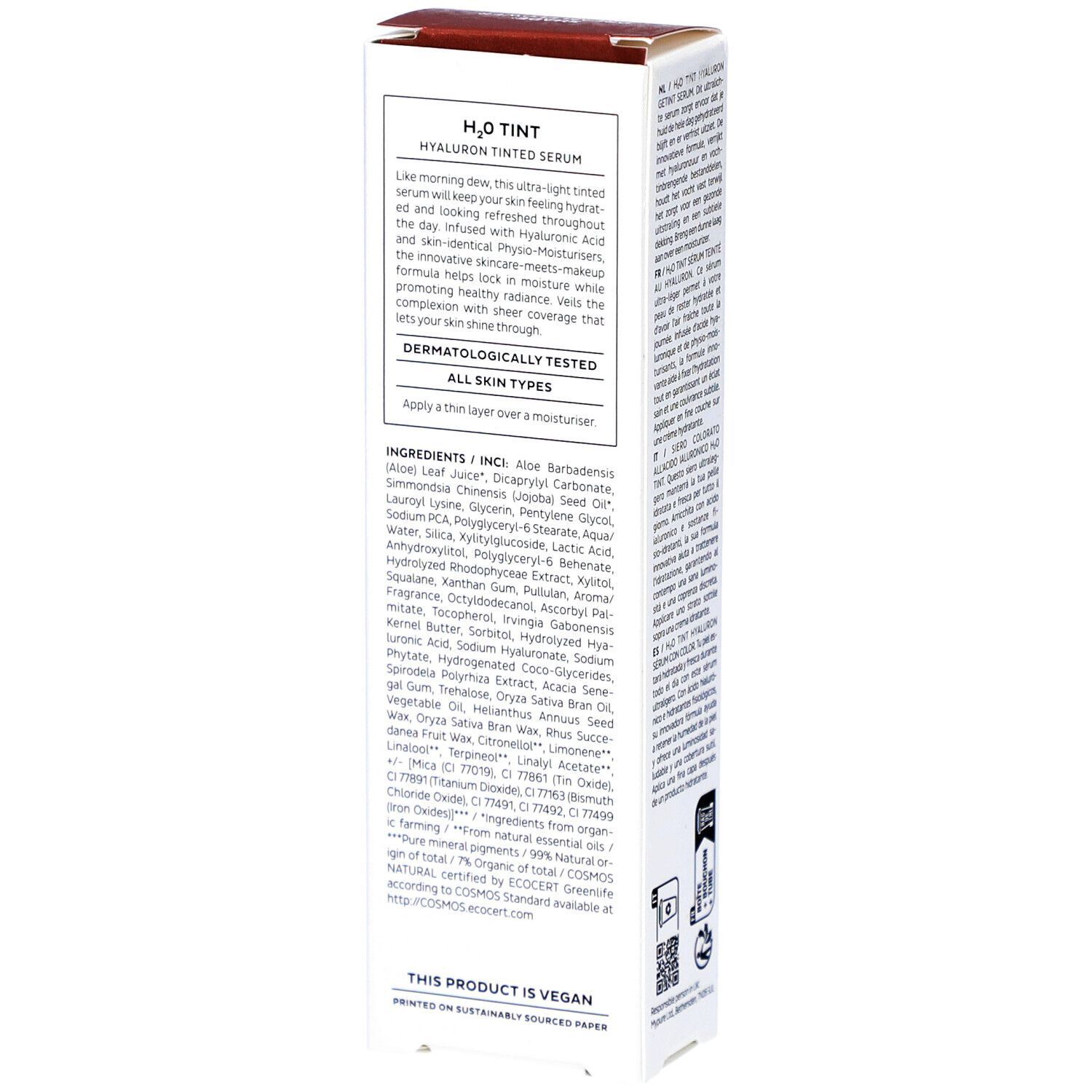 Produktverpackung mit Text. H2O Tint Hyaluron getöntes Serum. Inhaltsstoffe und Anwendungshinweise. Dermatologisch getestet.